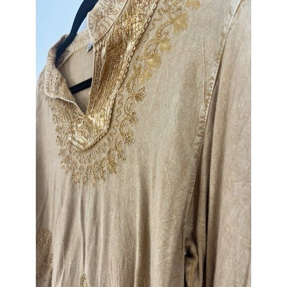 Women Boho Yellow Gold Floral Embroidered Tunic Blouse 3/4 Long Sleeve OS - Picture 10 of 11